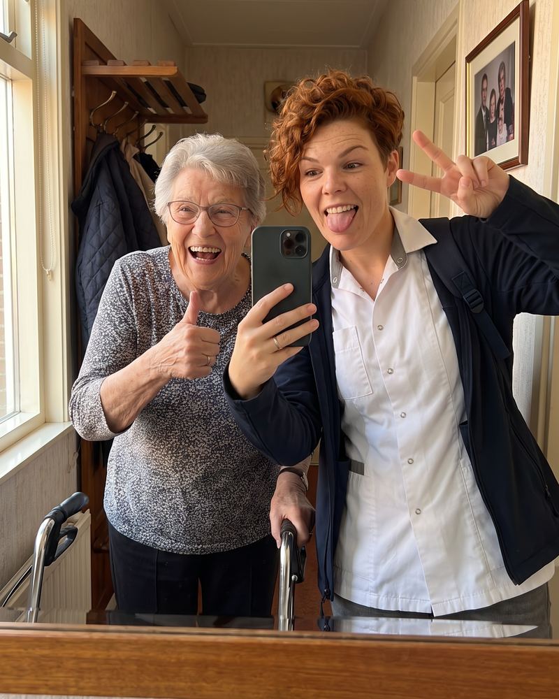 Zorgmedewerker maakt een selfie met een lachende oudere cliënt